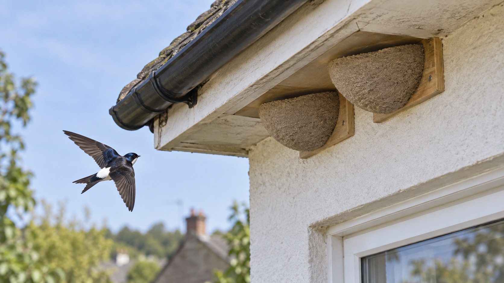 Illustrative enclosed house martin nest cups beneath the eaves of a British home