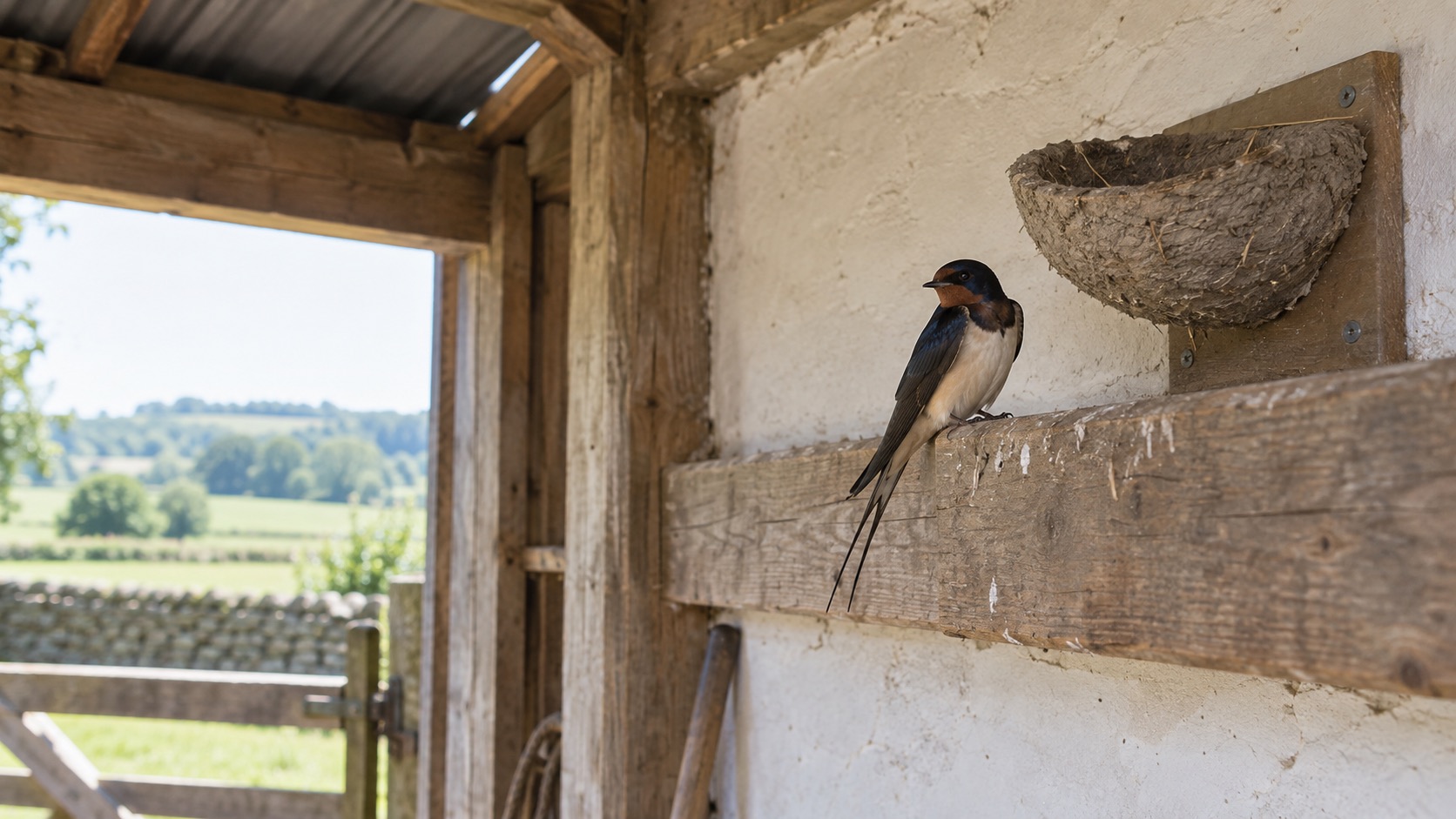 Illustrative open artificial swallow nest cup inside a sheltered British outbuilding