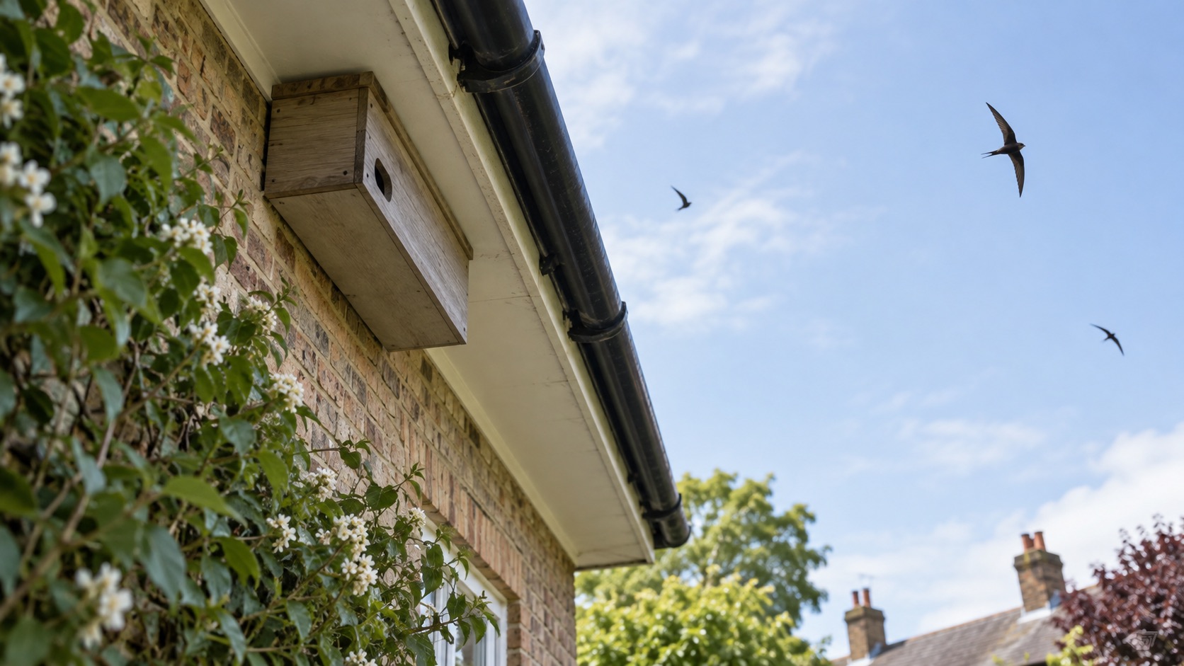 Illustrative swift nest boxes high beneath shaded eaves with open flight space