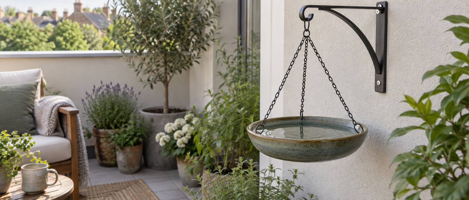 Illustrative ceramic water dish hanging inside a sheltered balcony
