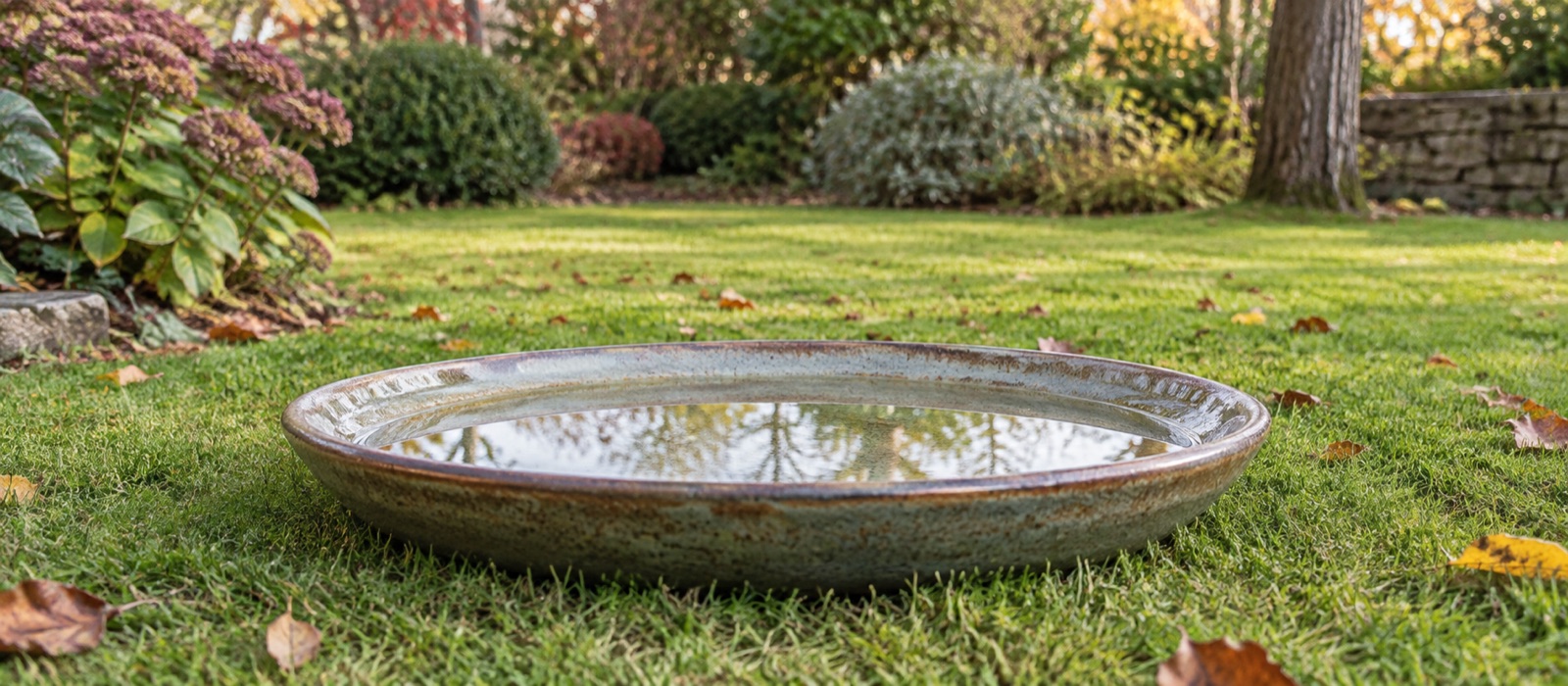 Illustrative broad ceramic water dish in an open British garden