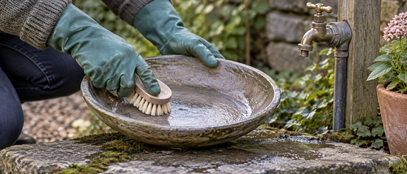Illustrative gloved hands scrubbing an emptied bird bath outdoors