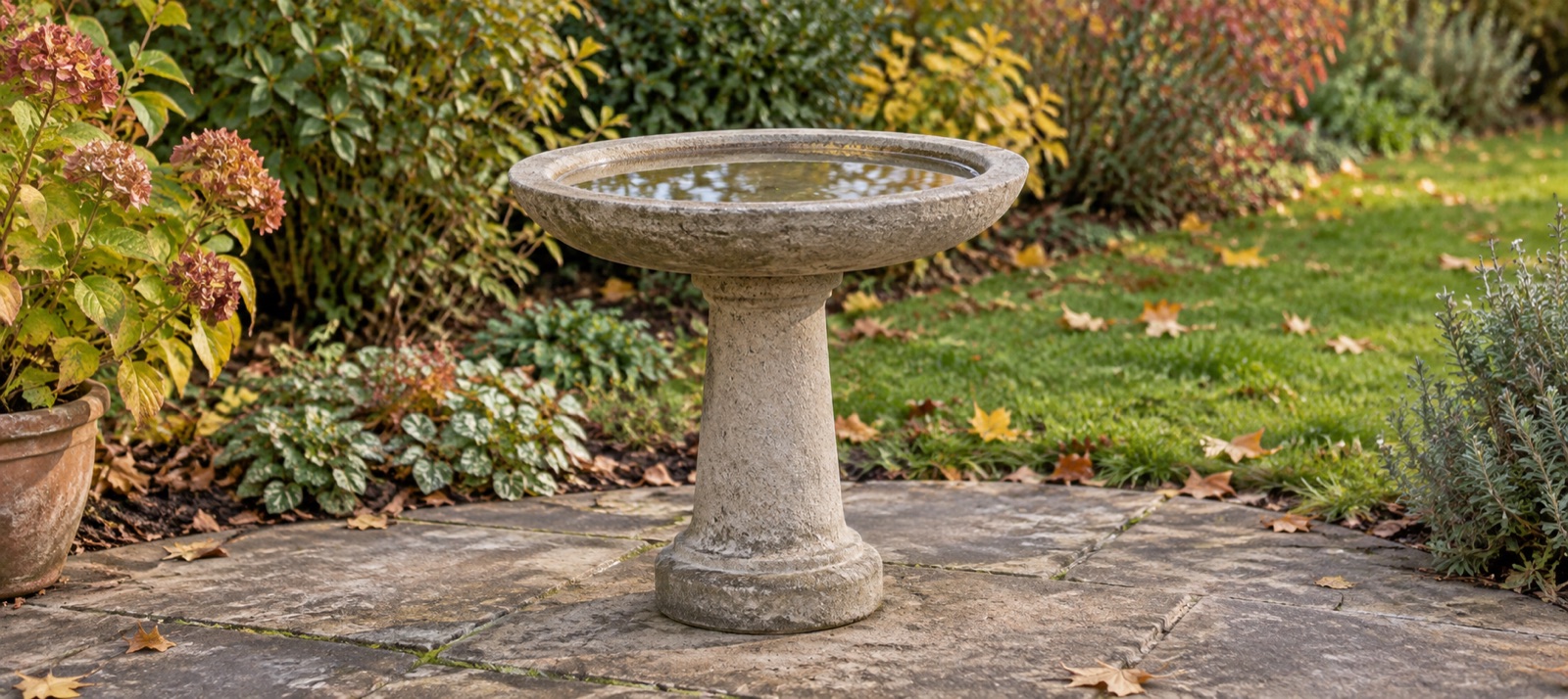 Illustrative cast-stone pedestal water bowl on level garden paving
