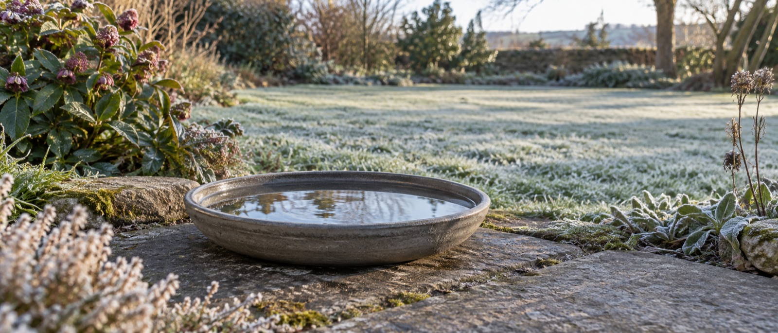 Illustrative shallow water dish in a lightly frosted British garden