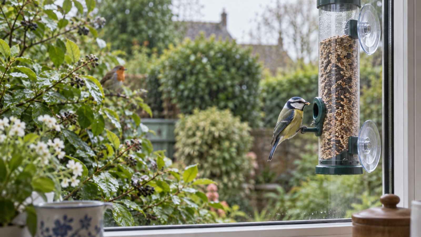 A small bird at a window-mounted feeder viewed from inside a UK home