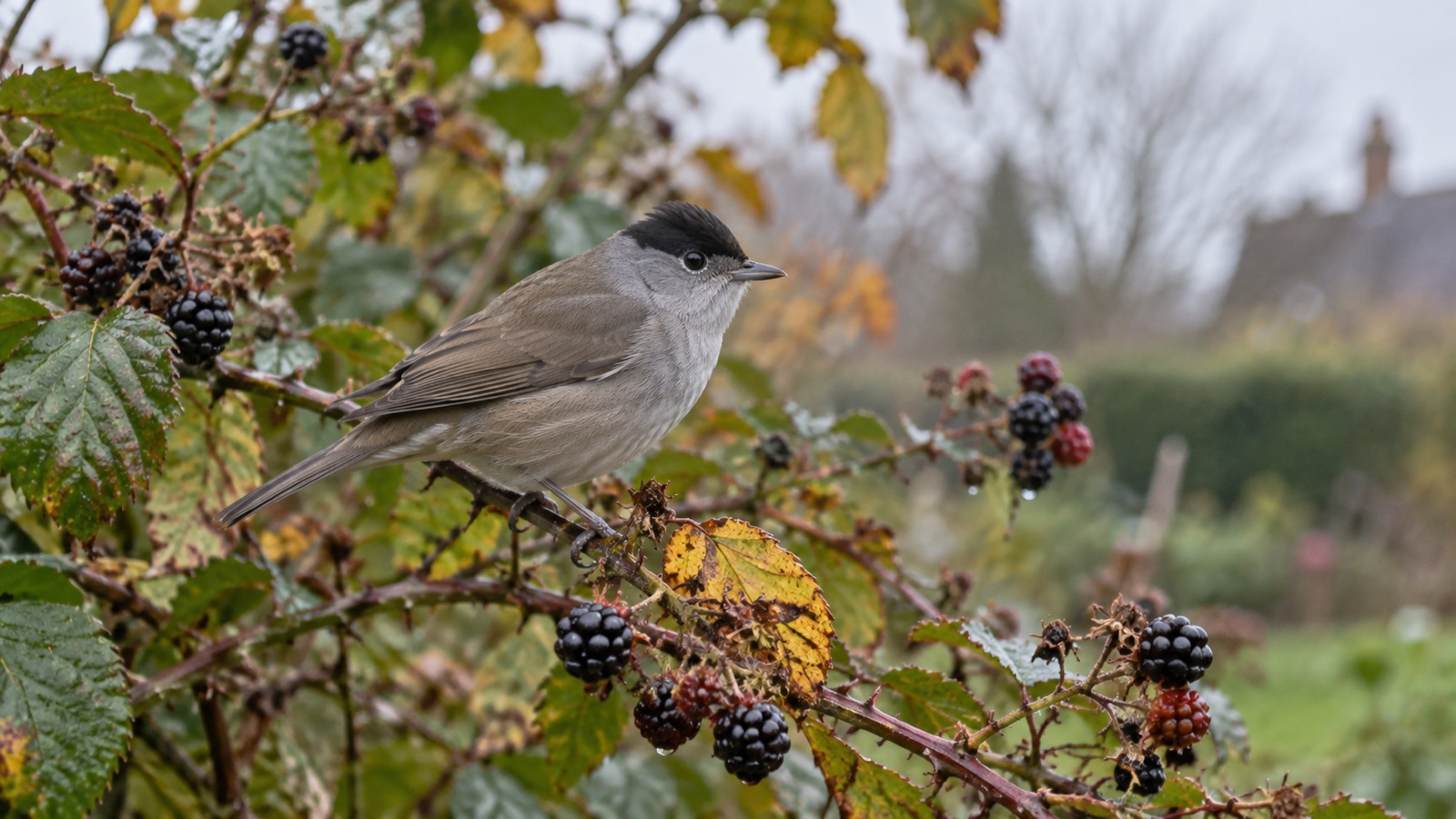 Illustrative male blackcap with dark crown in a British blackberry hedge