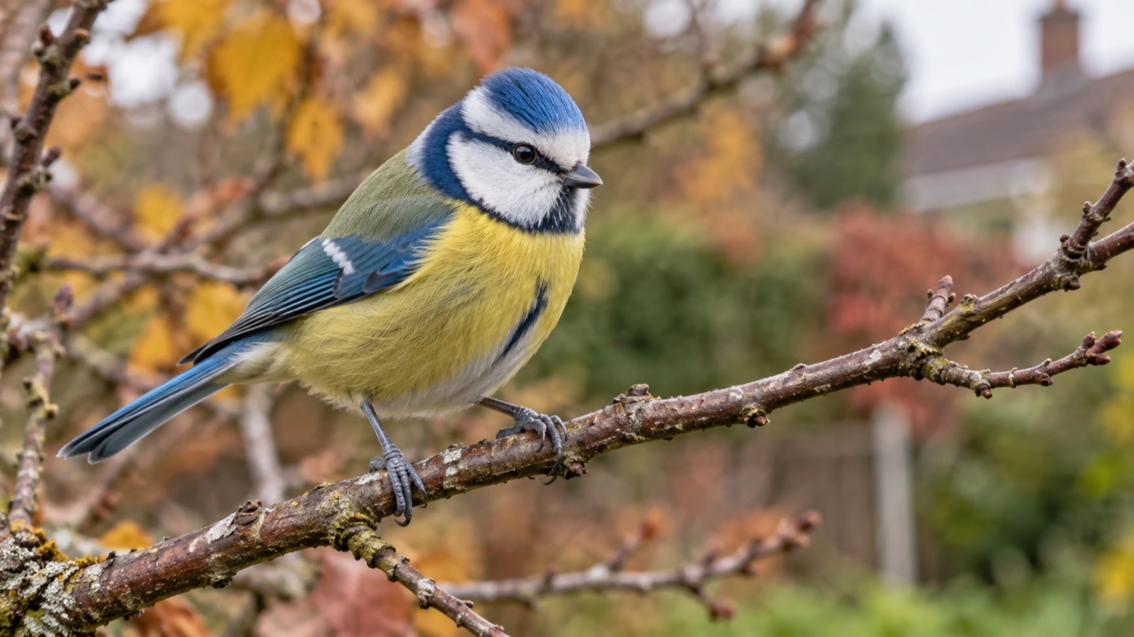 Illustrative image of a blue tit perched on a garden branch