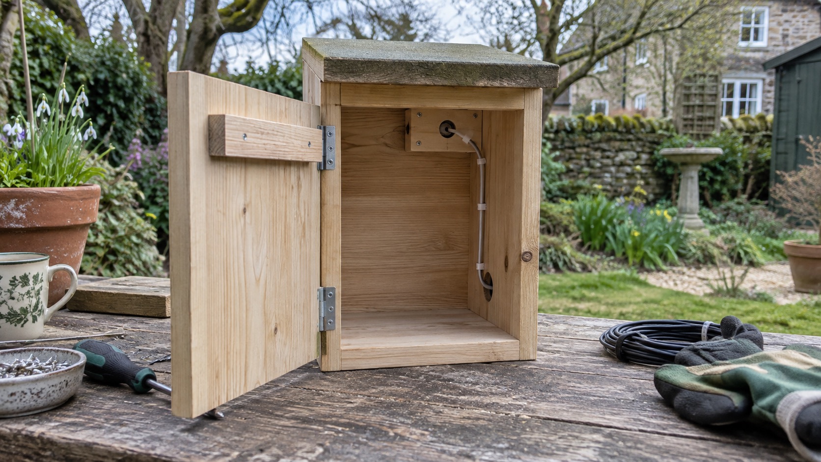 Illustrative empty wooden camera-ready bird box with an internal mounting point