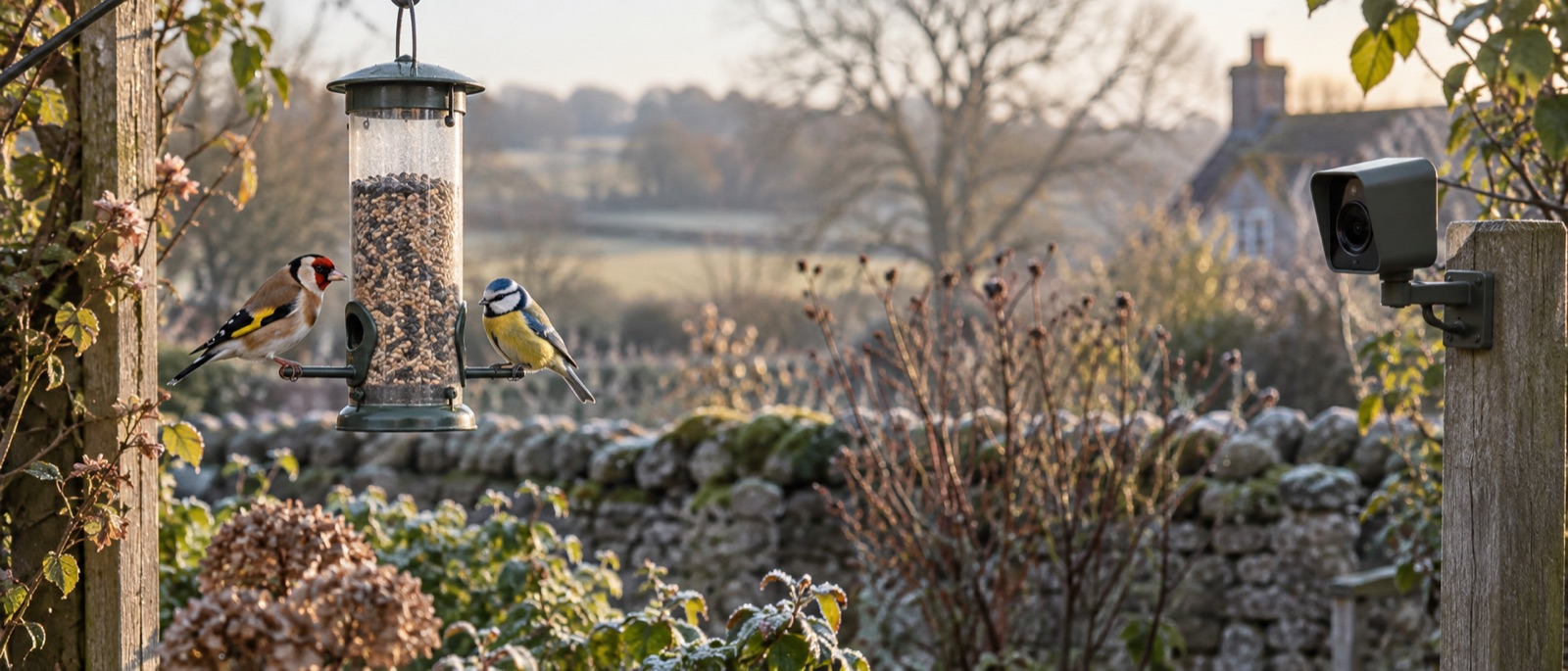 Illustrative goldfinch and blue tit beside a generic camera system