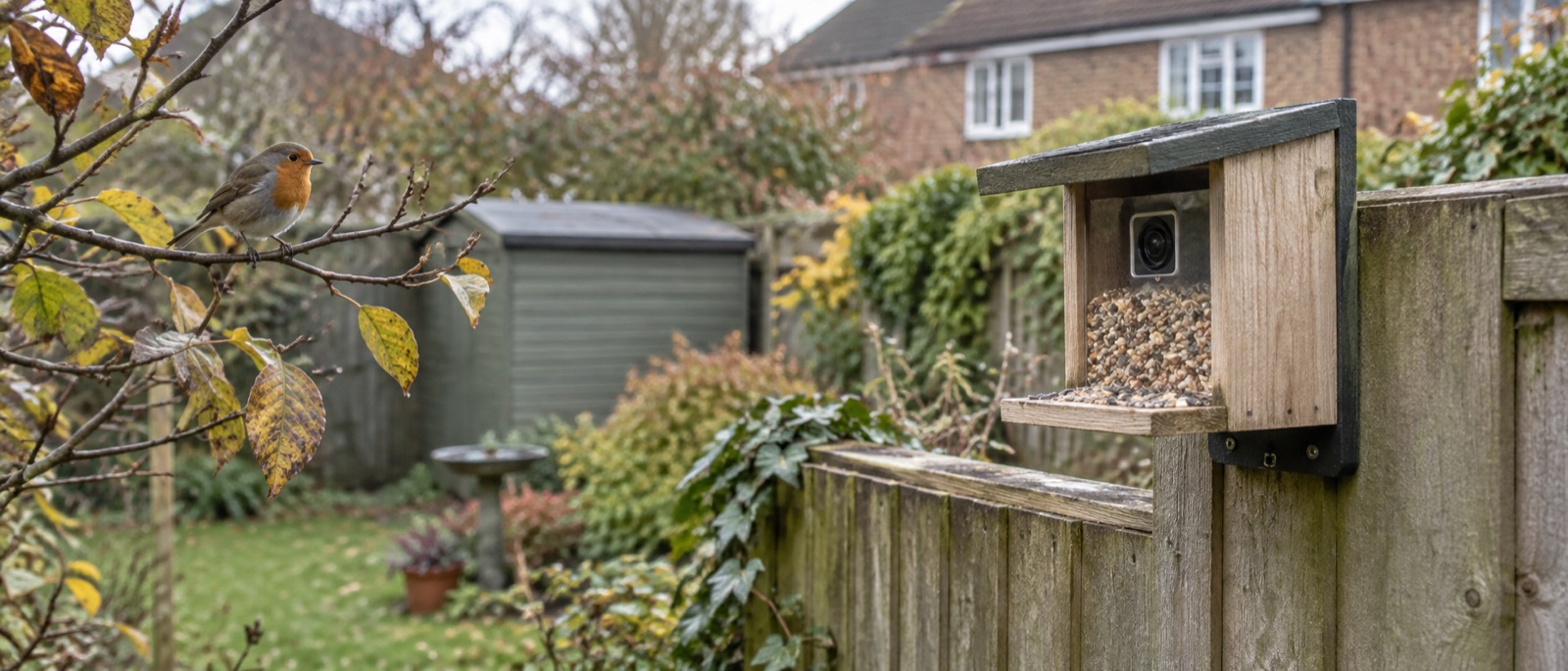 Illustrative robin beside an unbranded camera feeder in a British garden