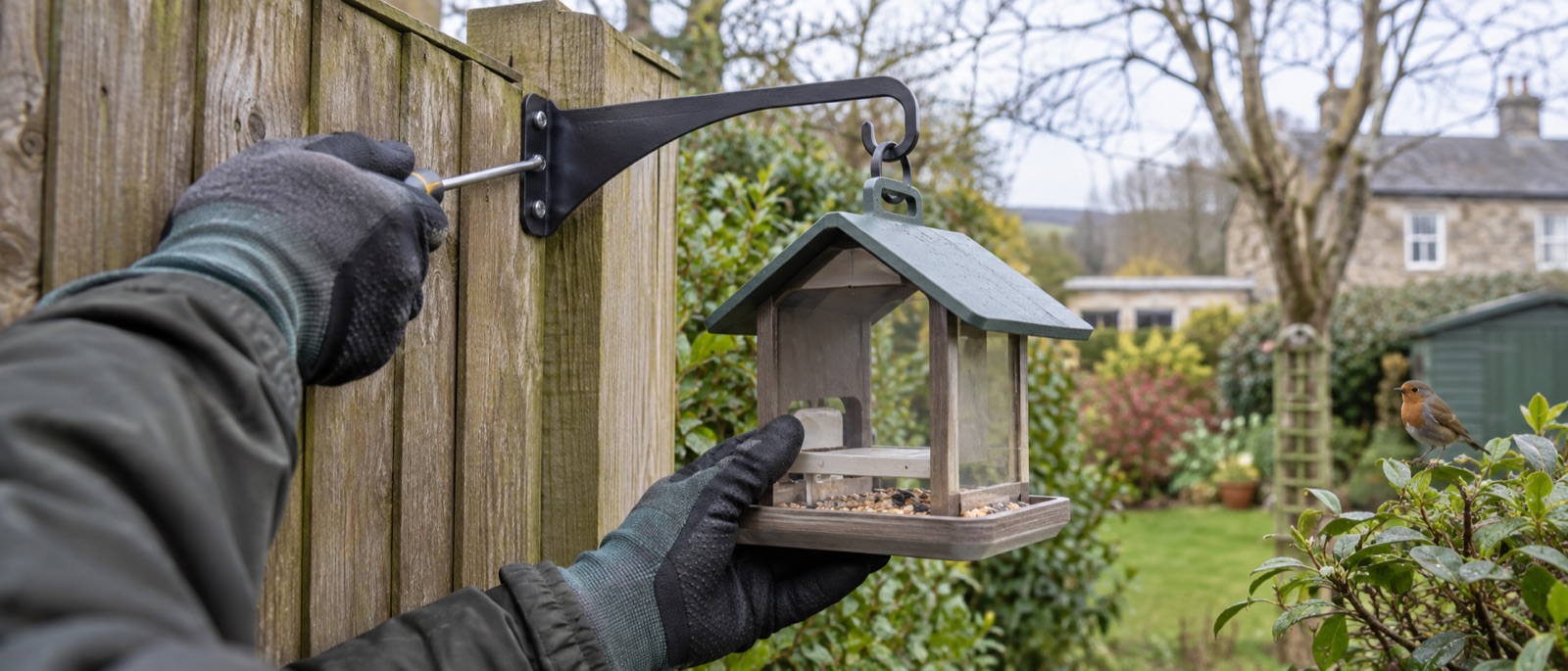Illustrative gloved hands securing a camera-feeder mounting bracket
