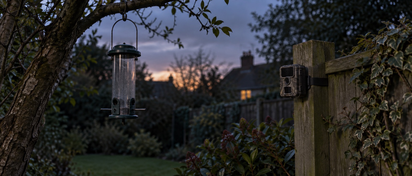 Illustrative empty feeder and nearby trail camera at twilight