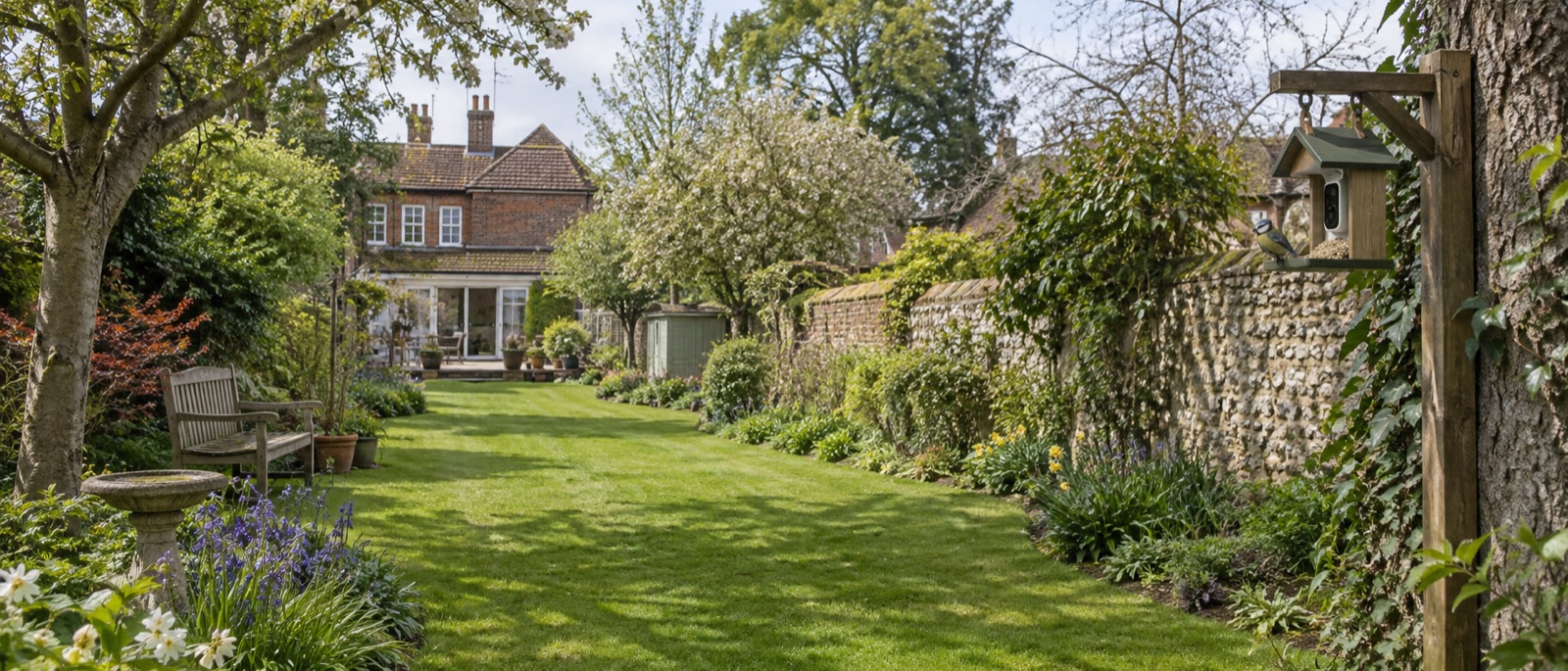 Illustrative camera feeder at the far end of a long garden