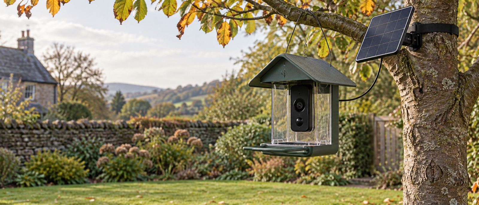 Illustrative solar-assisted camera feeder in a bright British garden