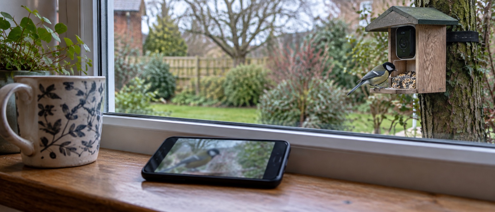 Illustrative phone viewing a generic camera feeder from indoors