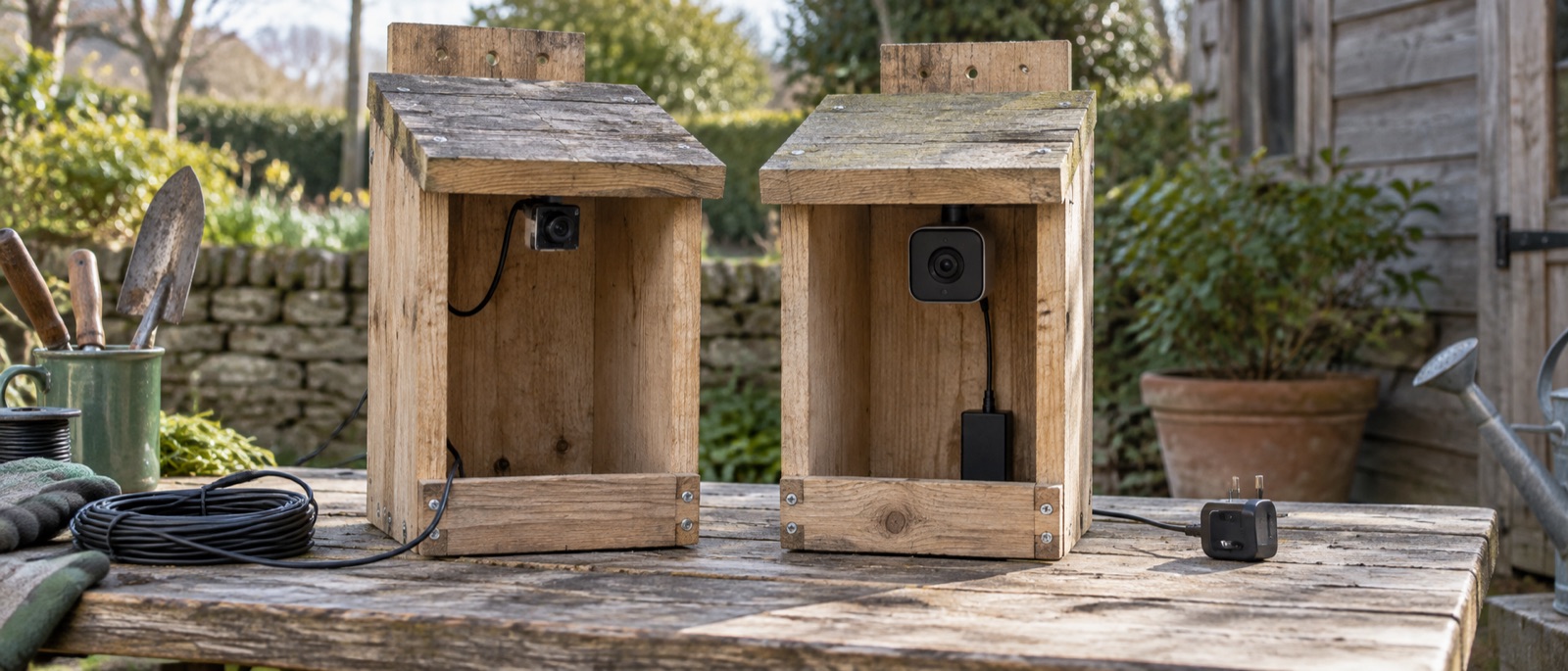 Illustrative empty nest boxes with wired camera components before installation