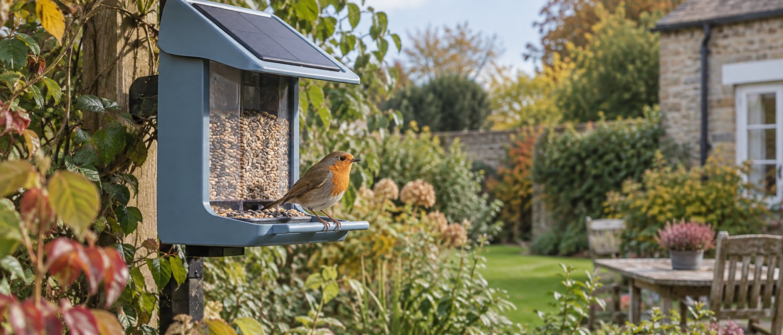 Illustrative solar-roof camera feeder with a robin in a private garden