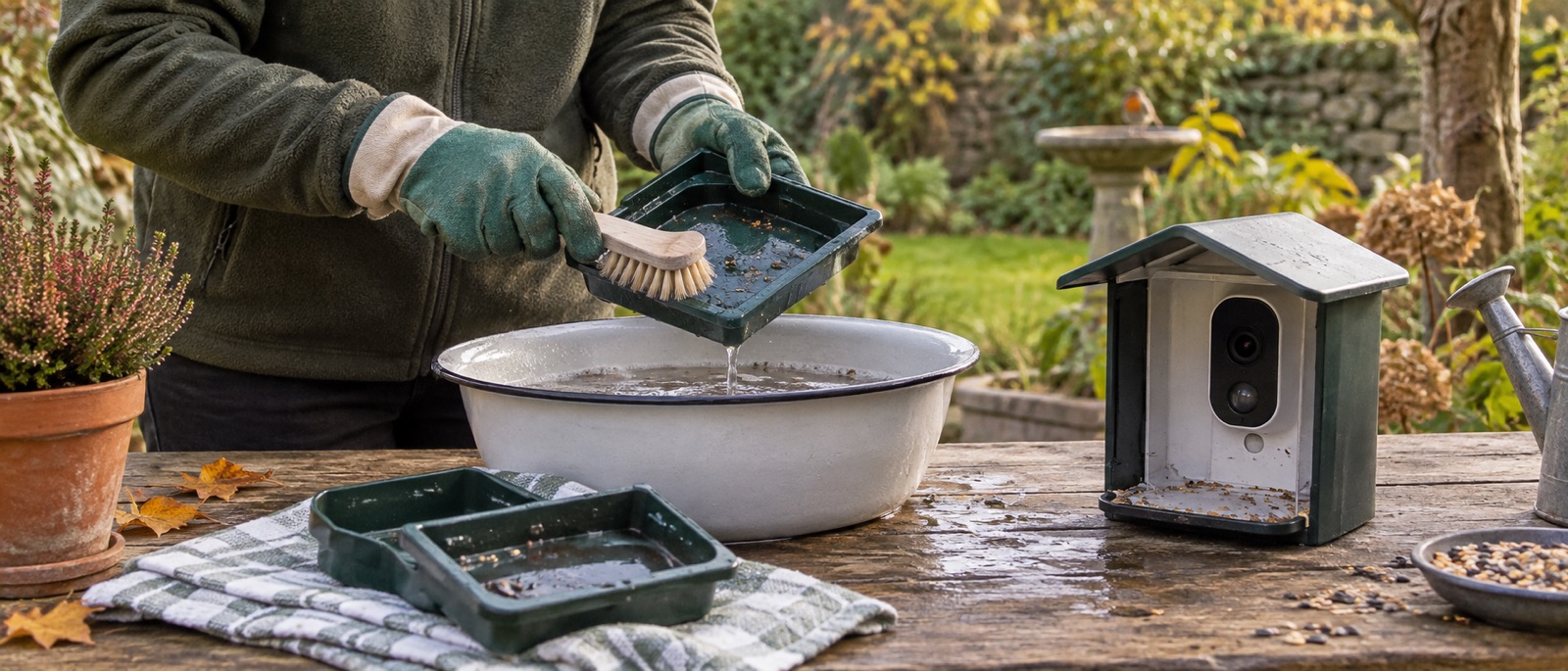 Illustrative cleaning of a detached tray beside a camera feeder