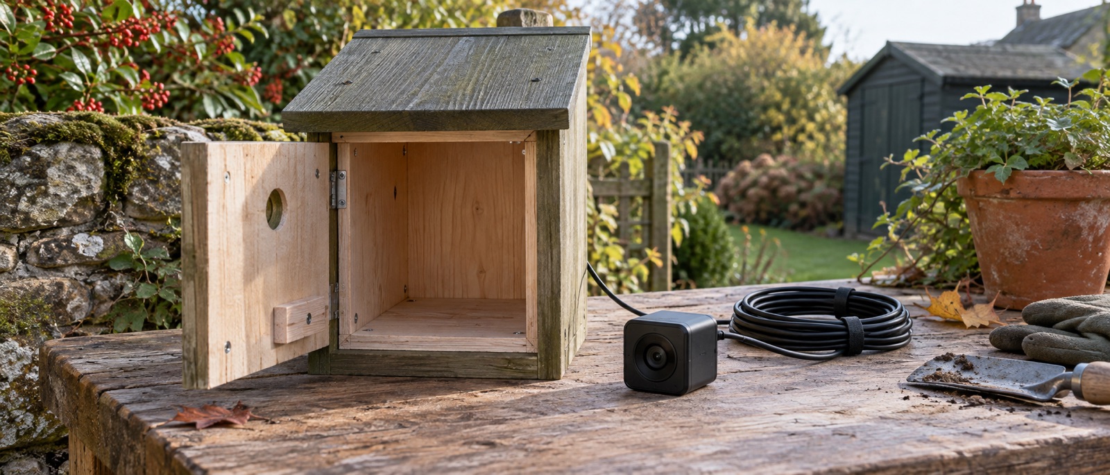 Illustrative empty bird box and compact camera components on a workbench