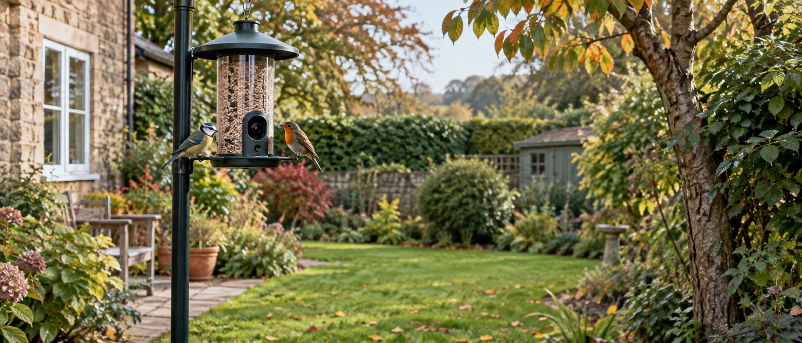 Illustrative stable camera feeder on a pole in a sheltered UK garden