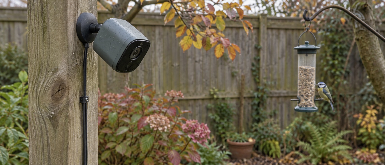 Illustrative outdoor camera aimed narrowly at a feeder within a private garden