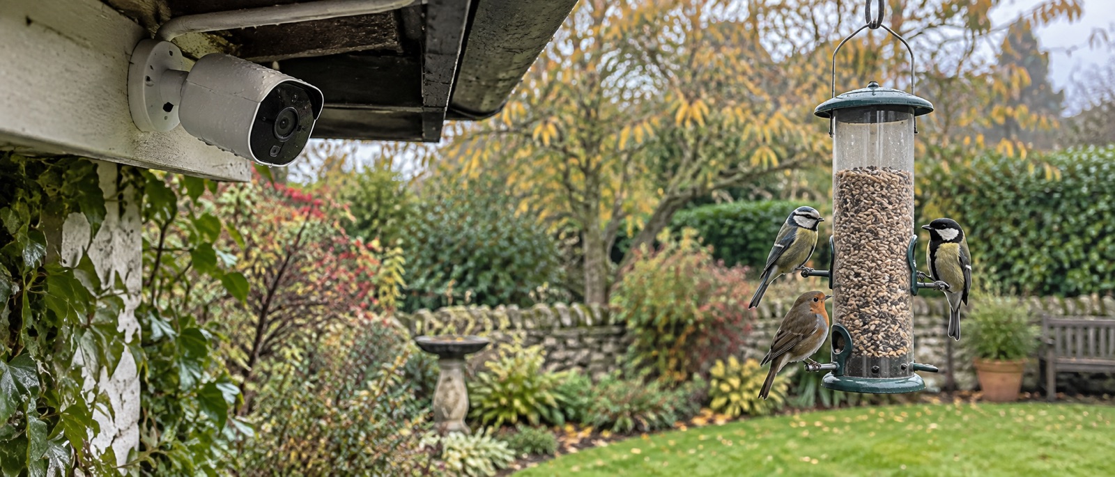 Illustrative weatherproof outdoor camera aimed at a garden bird feeder