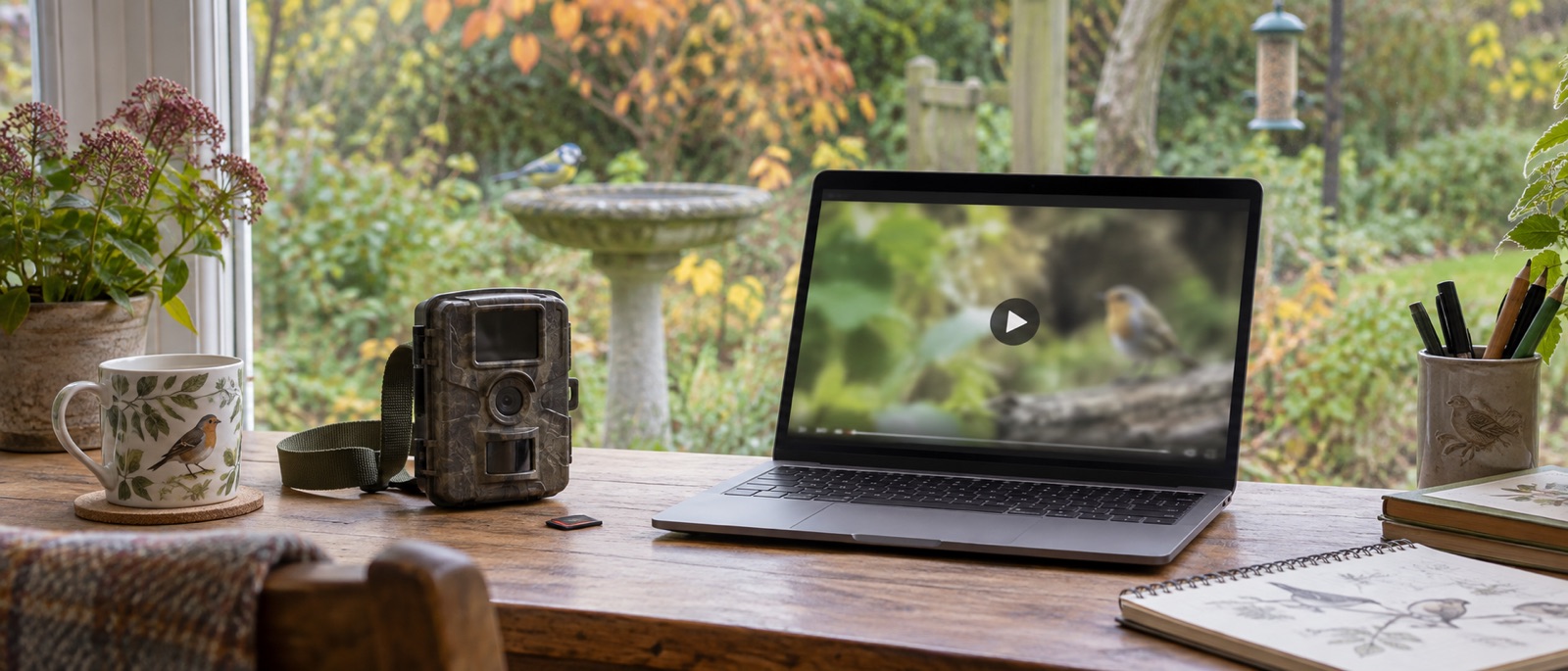 Illustrative garden-camera recording setup with a memory card and laptop