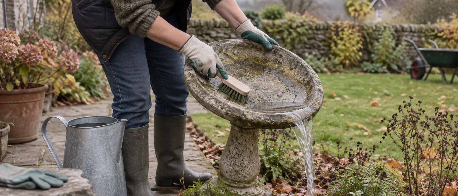 Empty stone bird bath being scrubbed in an autumn garden