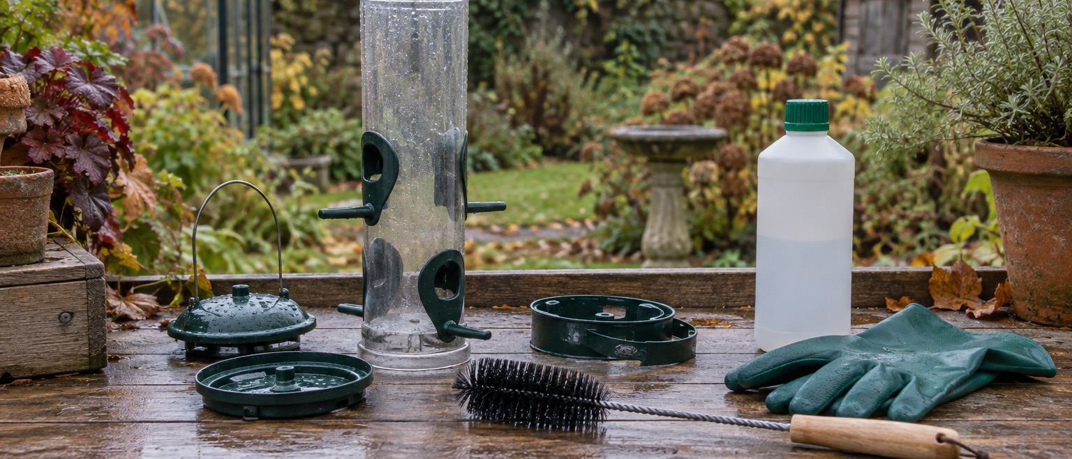 Empty dismantled feeder with gloves, cleaning brush and plain cleaner bottle on an outdoor bench