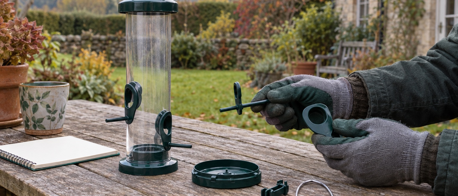 Empty feeder and removable ports, base and hanger laid out for matching spare parts