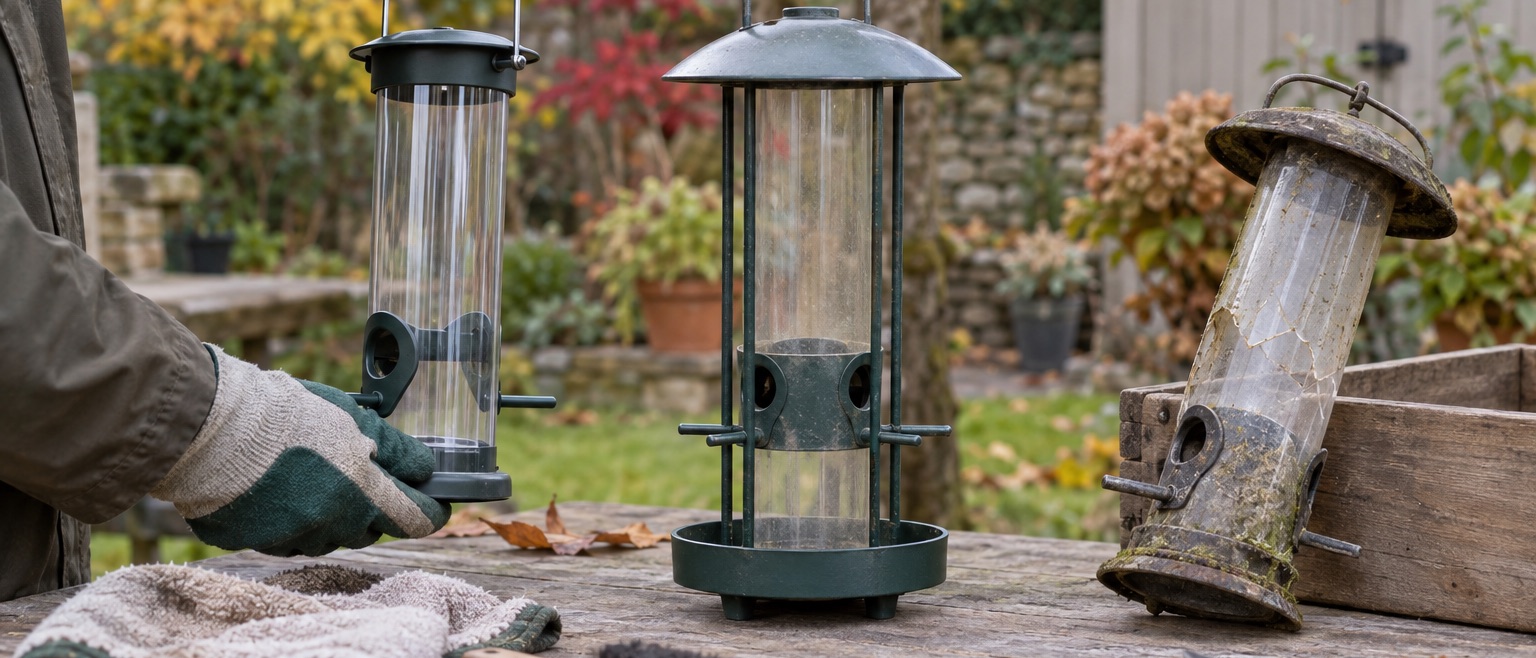 Two clean empty feeders compared beside an older cracked feeder on an outdoor table