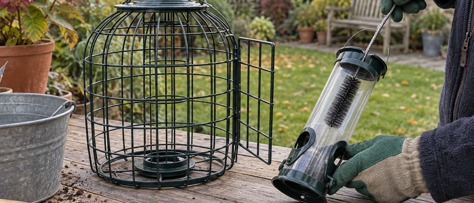 Empty caged bird feeder opened to expose its inner tube for cleaning outdoors