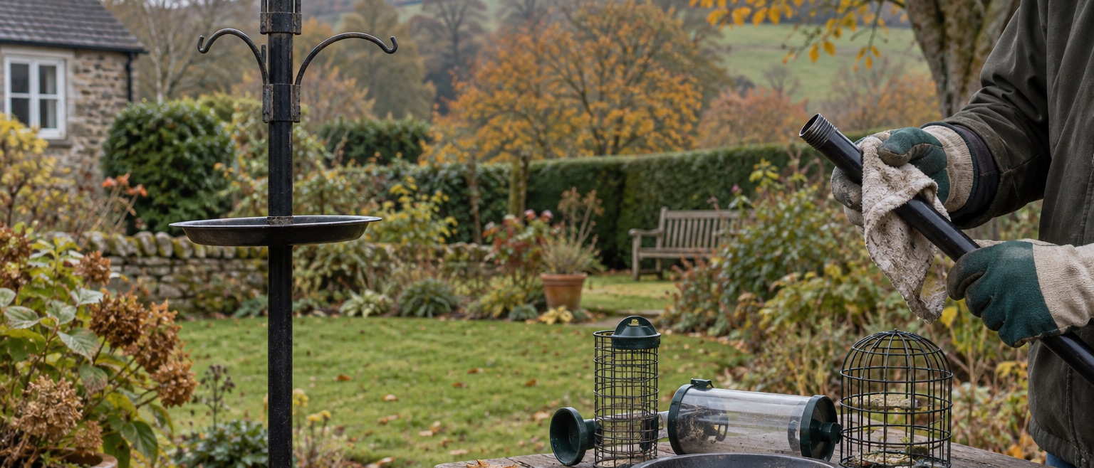 Empty hanging feeders removed from a garden station while pole sections are wiped outdoors