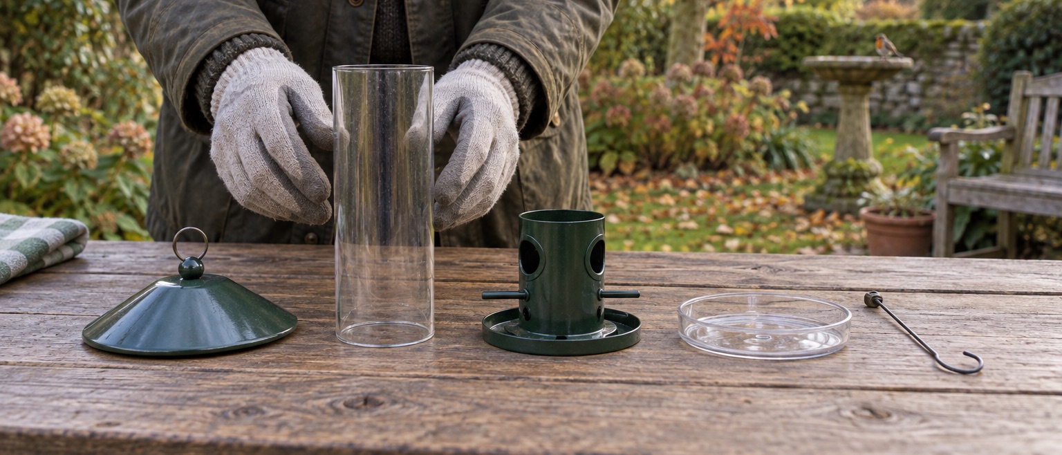 Empty feeder tube, lid and removable components laid out on a garden workbench