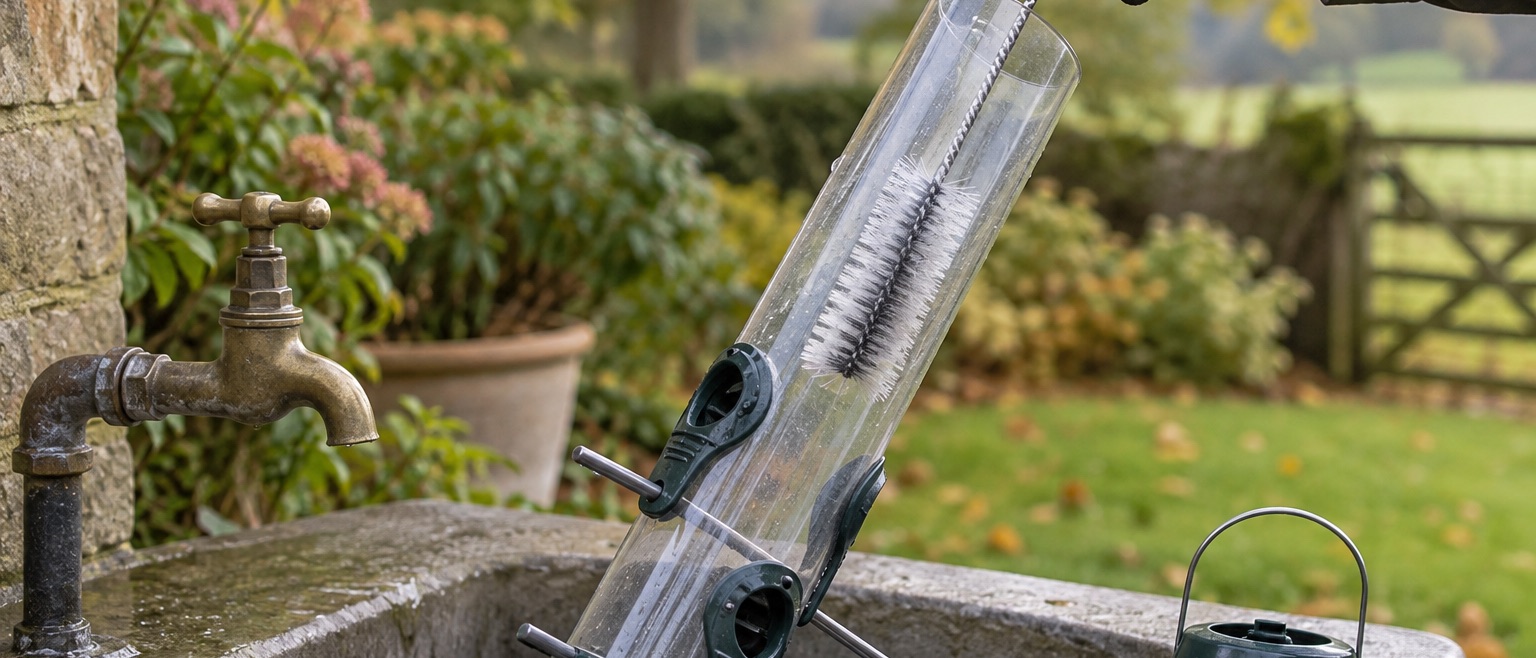 Long brush reaching into an empty transparent bird feeder tube beside its removed base