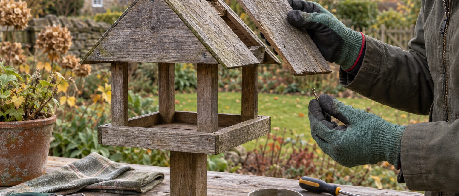 Gloved hands inspecting a loose roof panel on an empty weathered wooden bird feeder