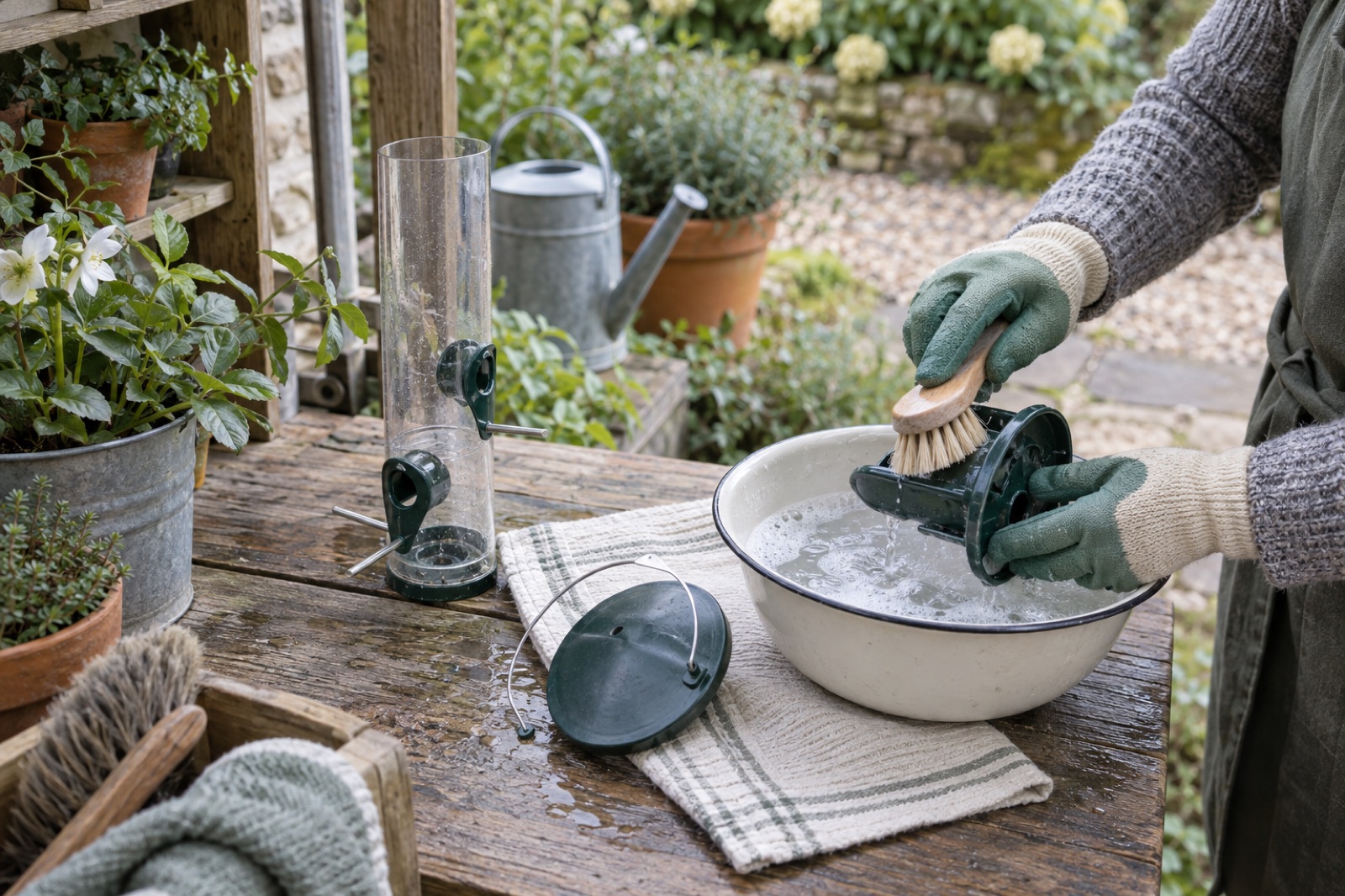 Gloved hands brushing dismantled feeder parts in hot soapy water outdoors