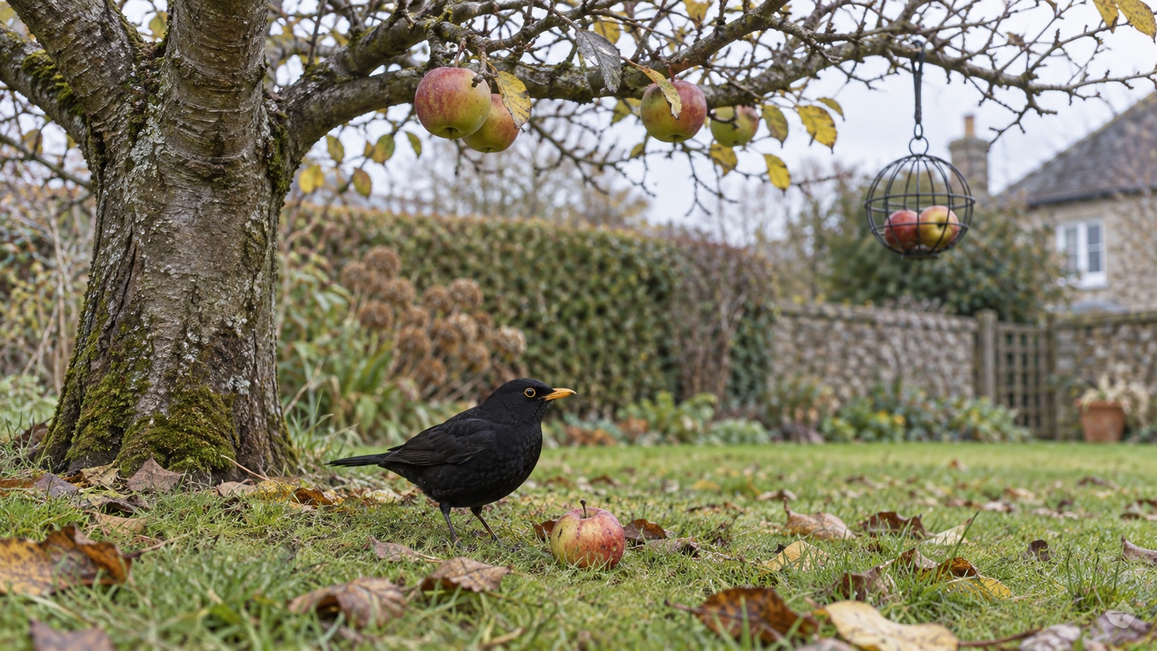 Illustrative blackbird in a British garden near winter fruit