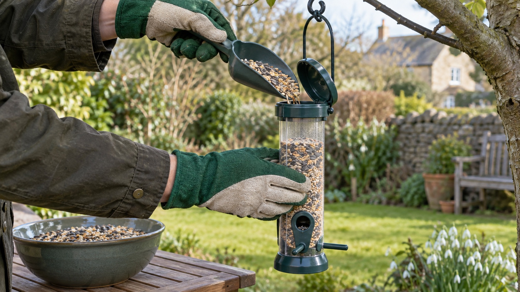 Illustrative gloved hands refilling a small hanging bird feeder
