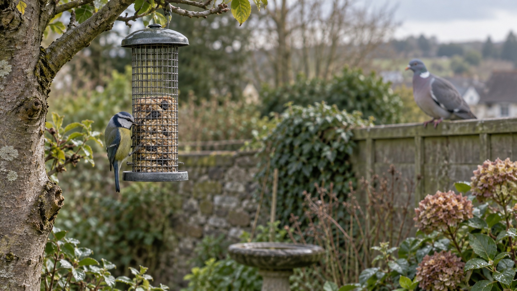 Illustrative blue tit inside a guarded feeder with a woodpigeon at a distance