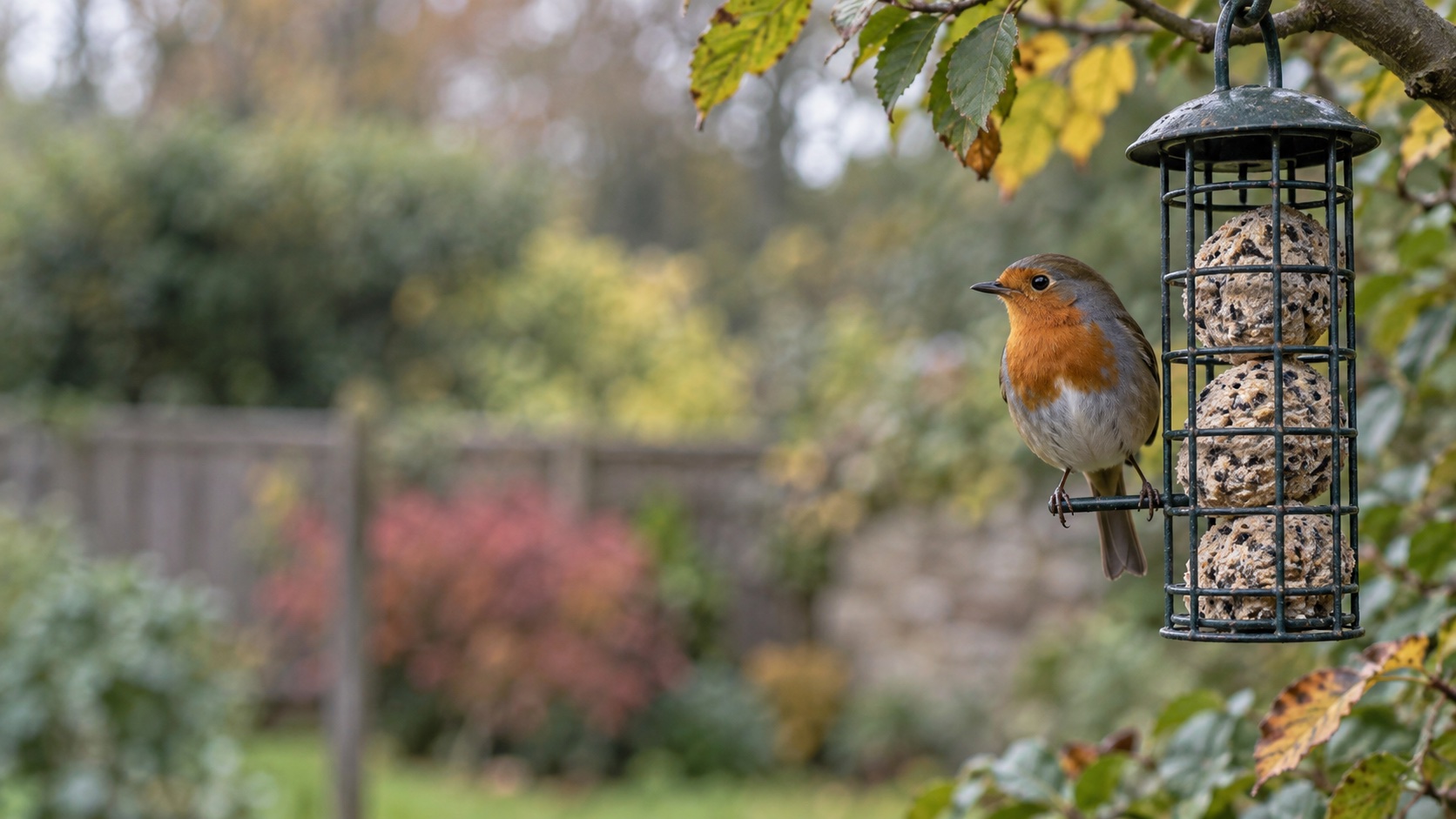 Illustrative robin near a small hanging suet holder in a British garden