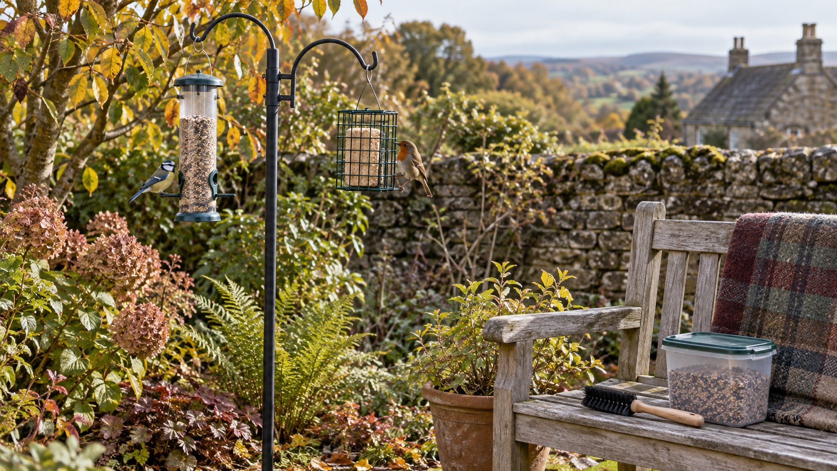 Illustrative simple bird-feeding corner with separate hanging feeders and cleaning tools