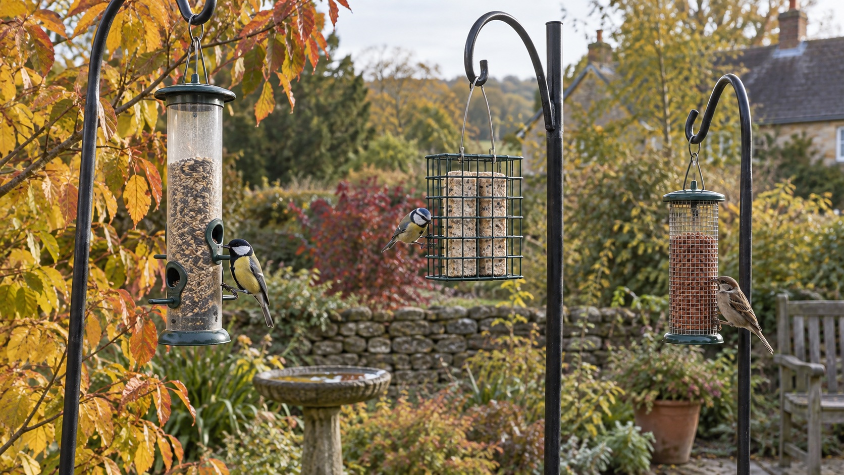 Illustrative set of modest hanging feeders in a British garden