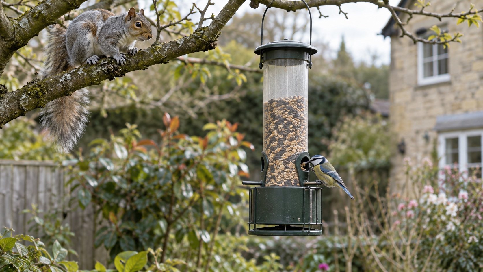 Illustrative weight-activated hanging feeder with a small bird and a distant squirrel