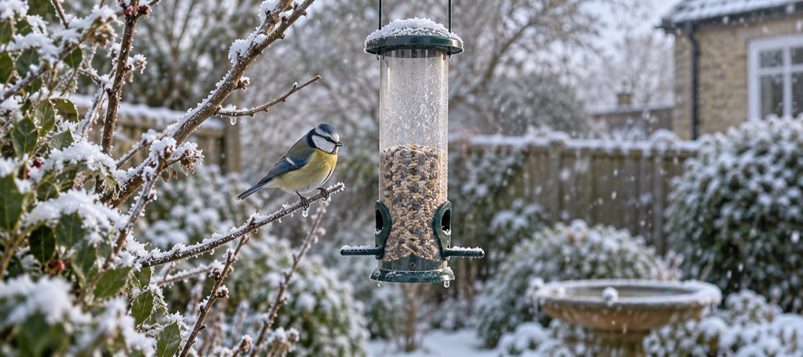 A blue tit beside a contained seed feeder in a snowy British garden
