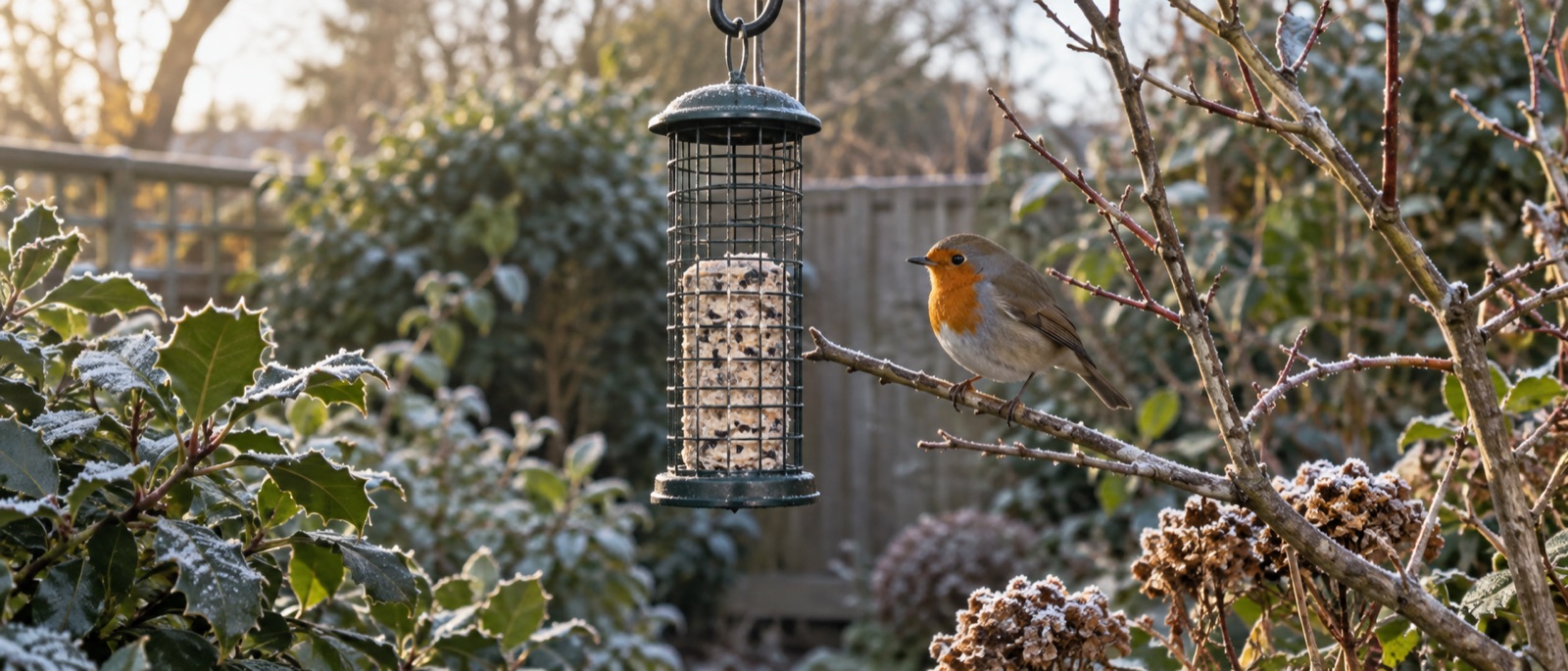 A robin beside a contained suet feeder in a lightly frosted British garden