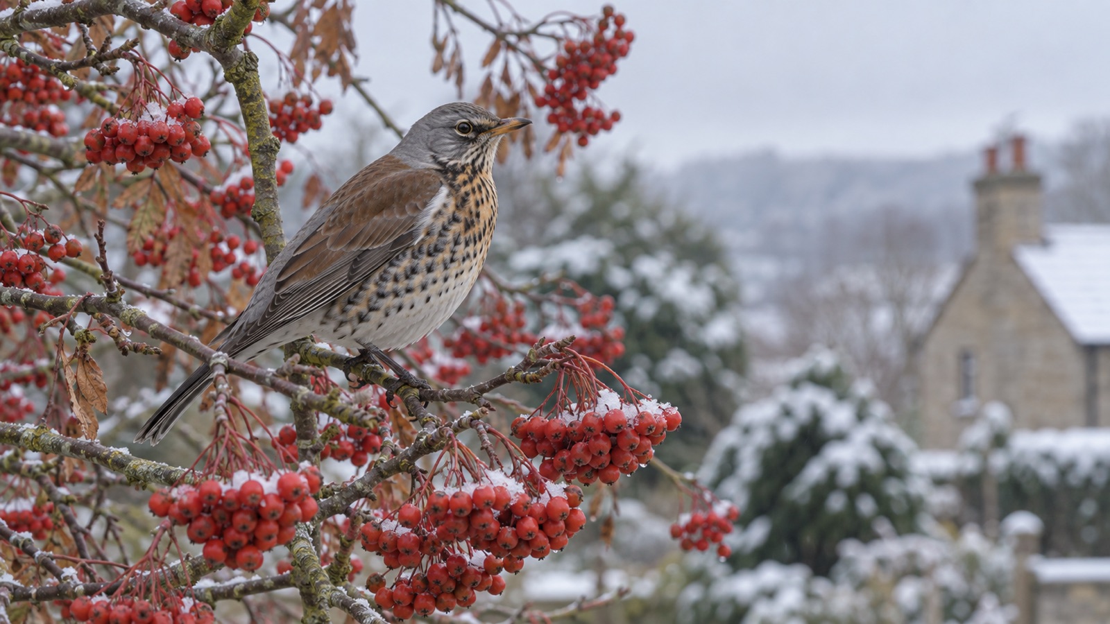 Illustrative fieldfare with grey head and spotted breast in a snowy British rowan tree