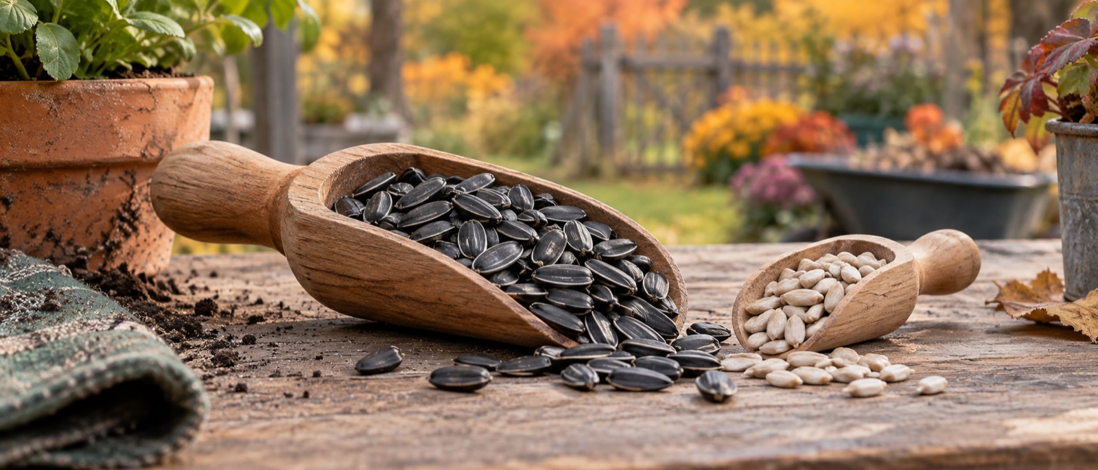 Separate scoops of dark in-husk sunflower seeds and pale sunflower hearts