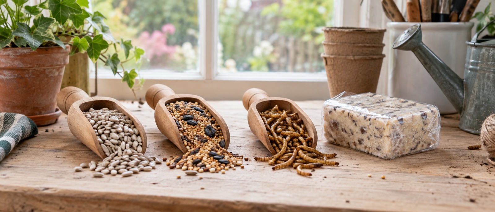 Small scoops of different wild-bird foods being prepared on a clean indoor bench