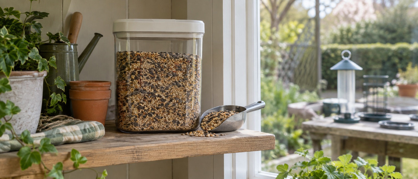 A closed seed container and small food scoop stored indoors